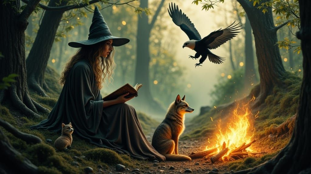 Enchanting Witch's Campfire in Forest, Ethereal Art