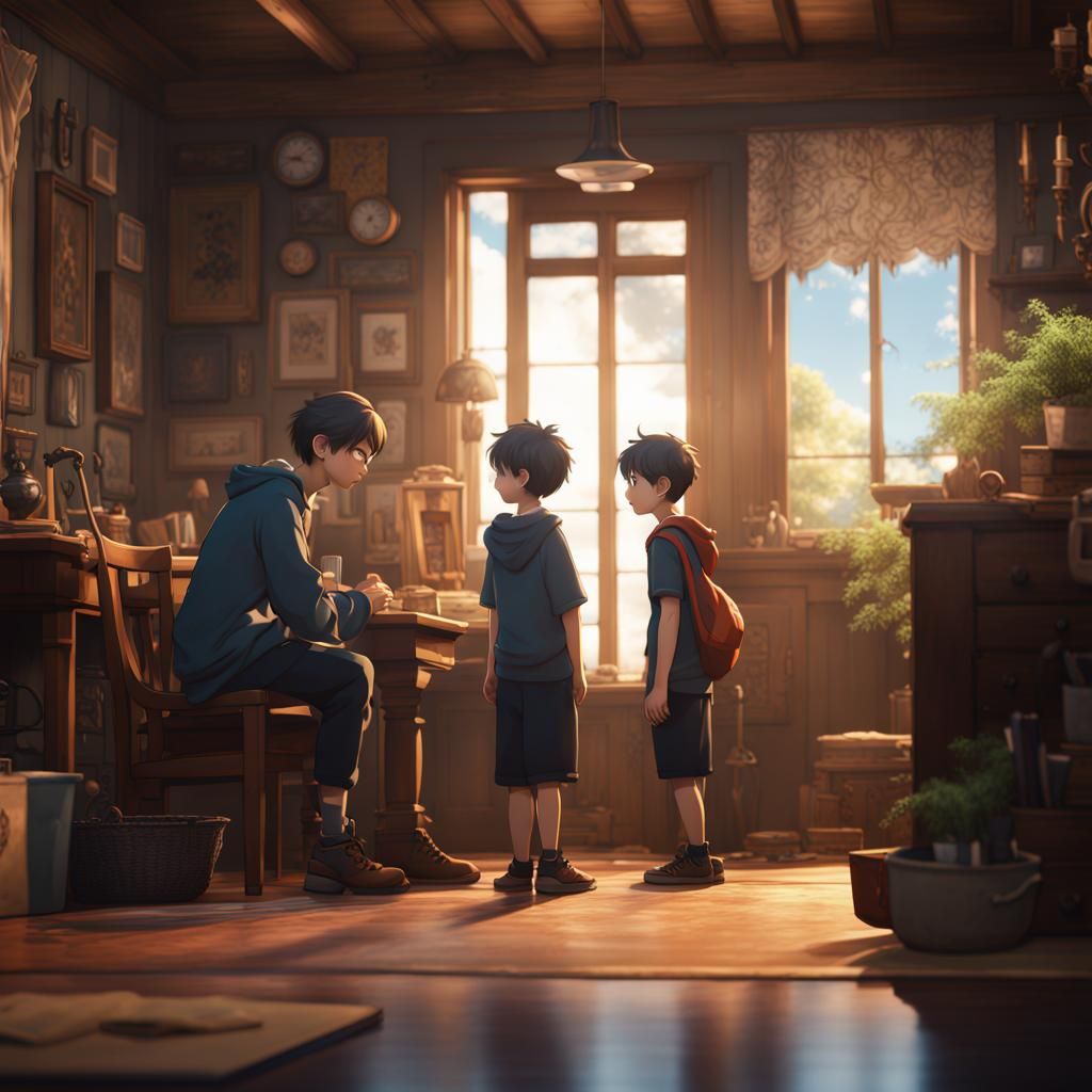 Anime Style Family Conversation, Detailed Matte Painting