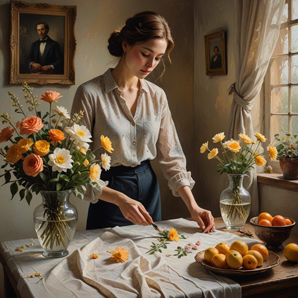 Elegant Oil Painting of Woman Arranging Flowers