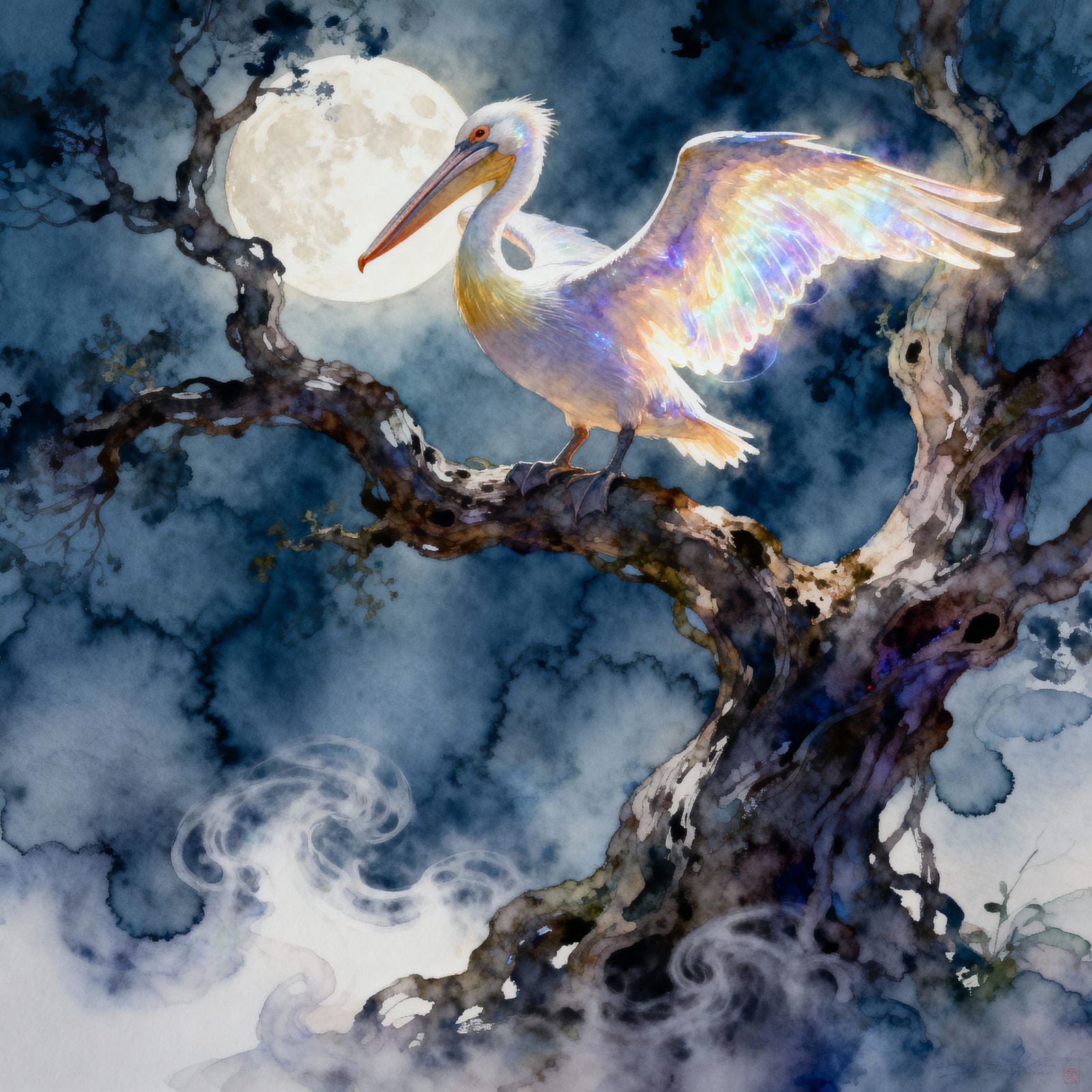 Majestic Pelican with Ethereal Wings in Mystical Tree