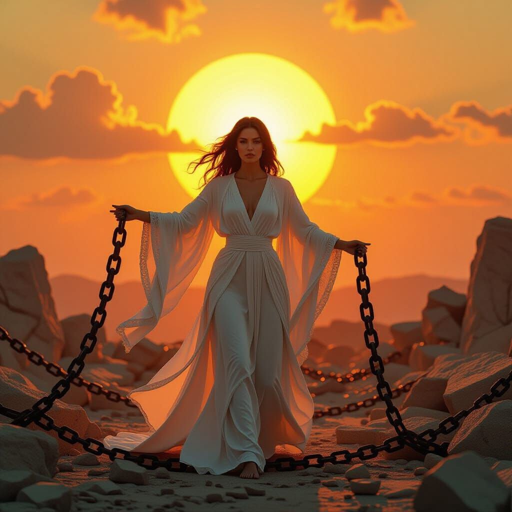 Triumphant Woman in Surreal Sunrise Scene