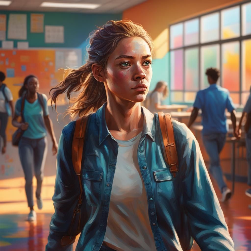 Teen Girl Walking in School: Hyperrealistic Digital Art