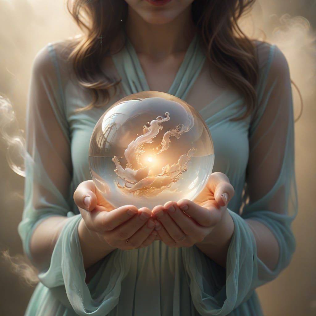Ethereal Surrealism: A Woman's Hands Hold a Glowing Orb