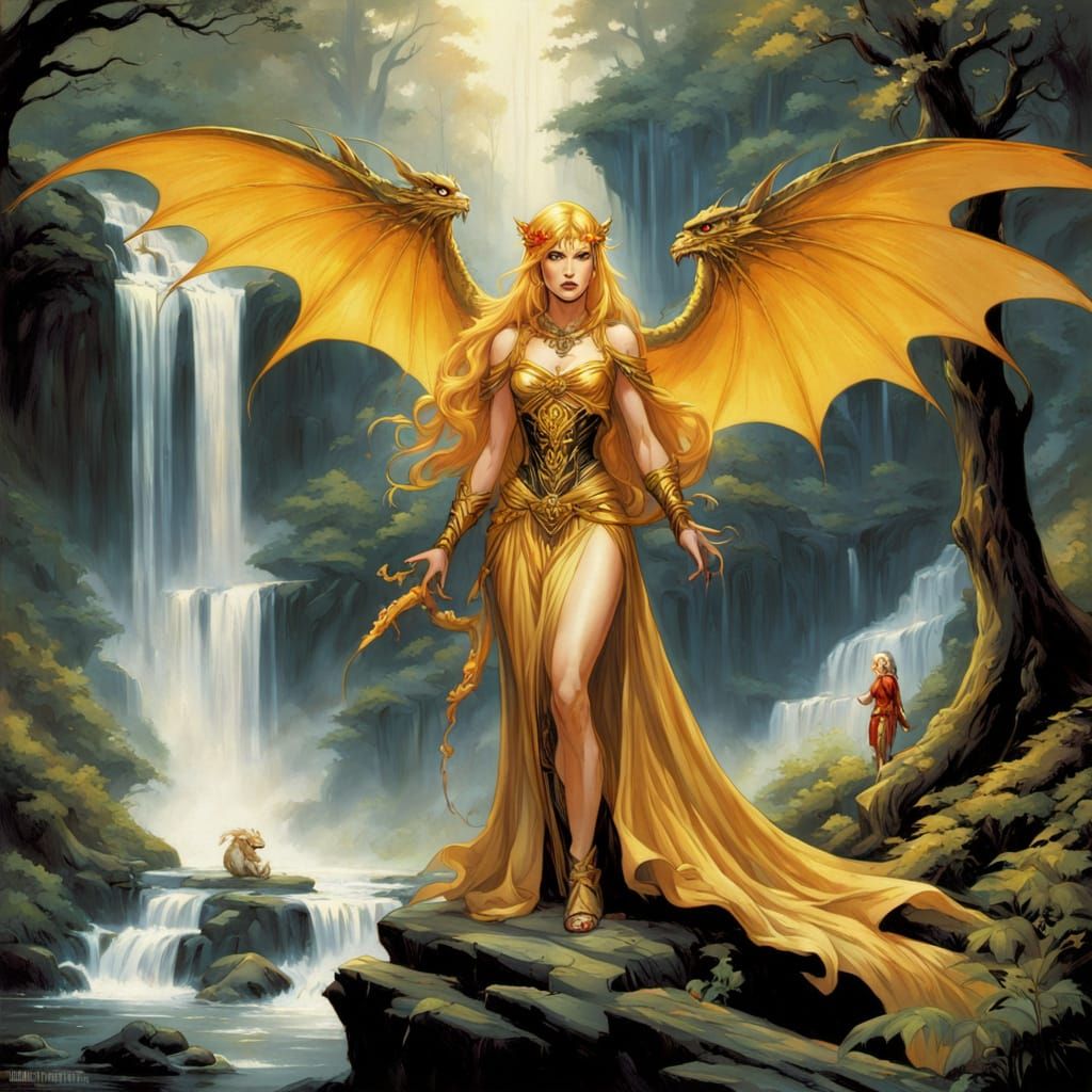 Enchanted Forest Maiden with Dragon in Fantasy Style