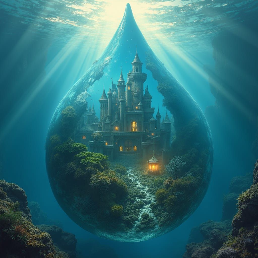 Underwater Palace Within Giant Water Droplet