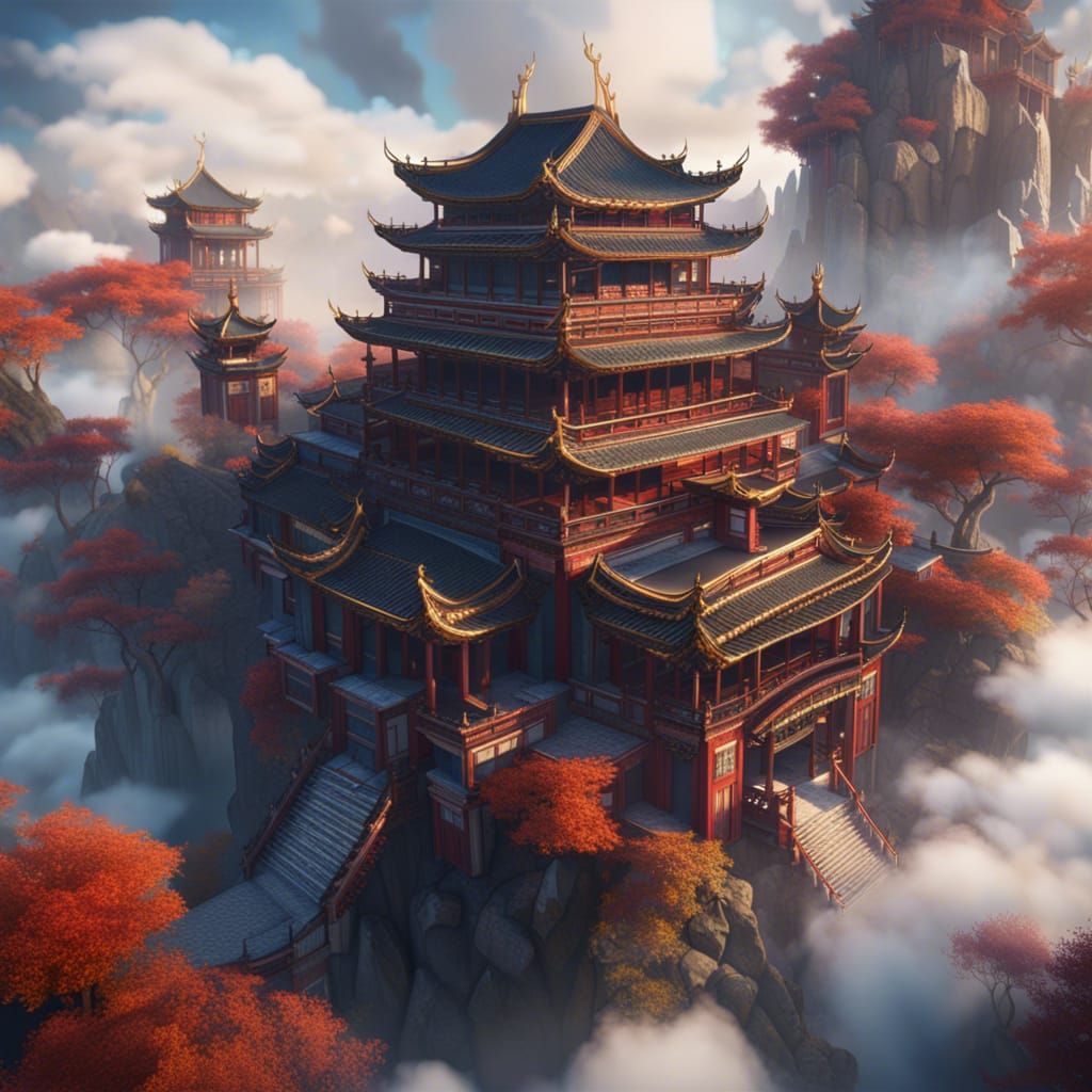 Heavenly Chinese Palace Soaring Above Clouds