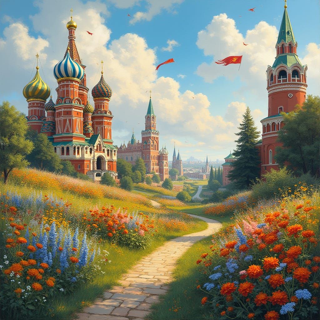 Russian Landmarks and Flowers Illustration in Classic Style