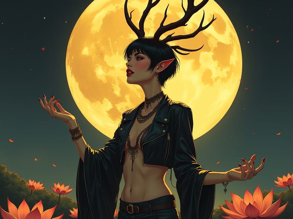 Cosmic Dancer with Antlers and Moon