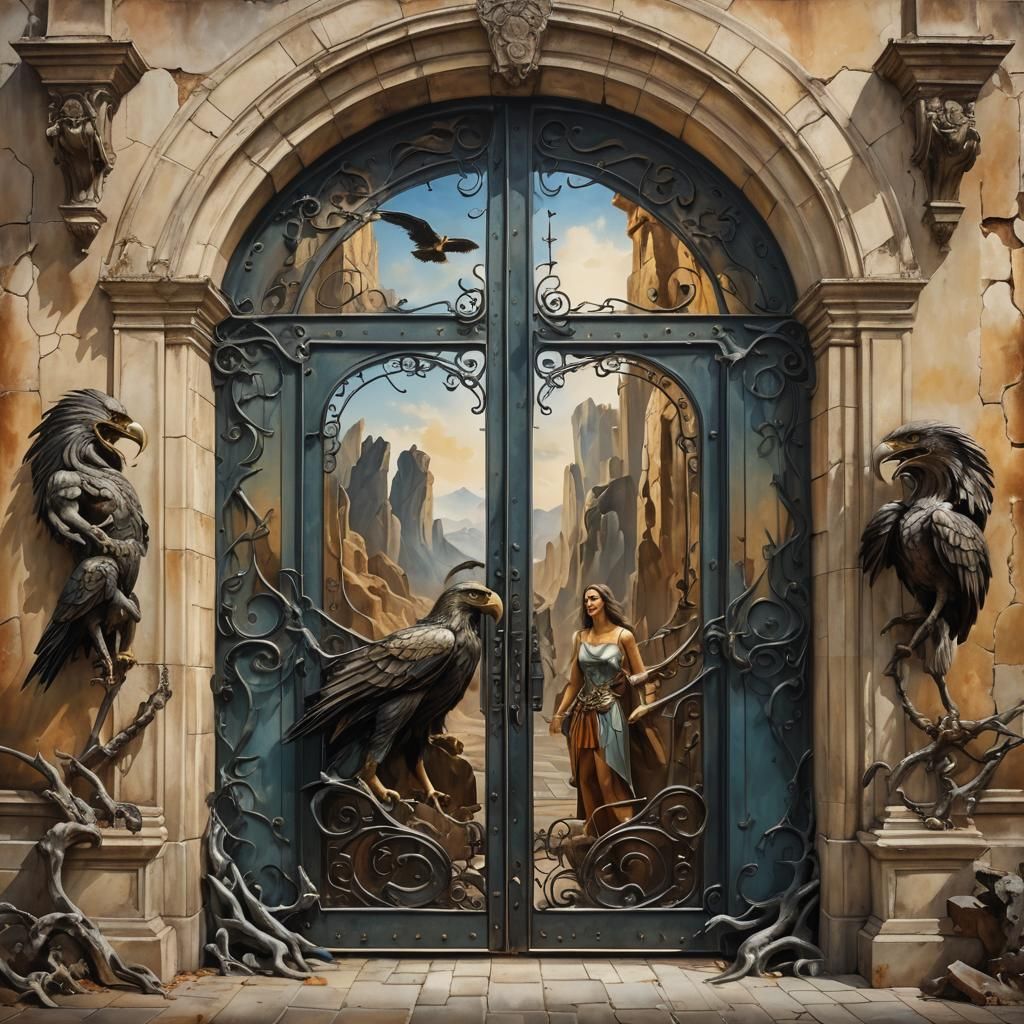 Surreal Warrior Woman Guarding Fantasy Doorway