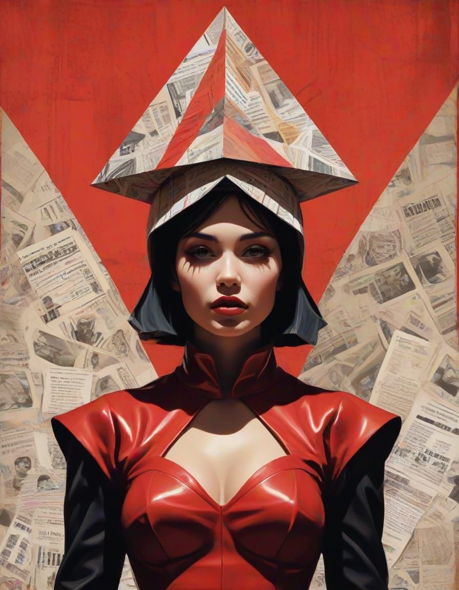 Woman in Prism Cluster Helmet Raises Arms in Abstraction