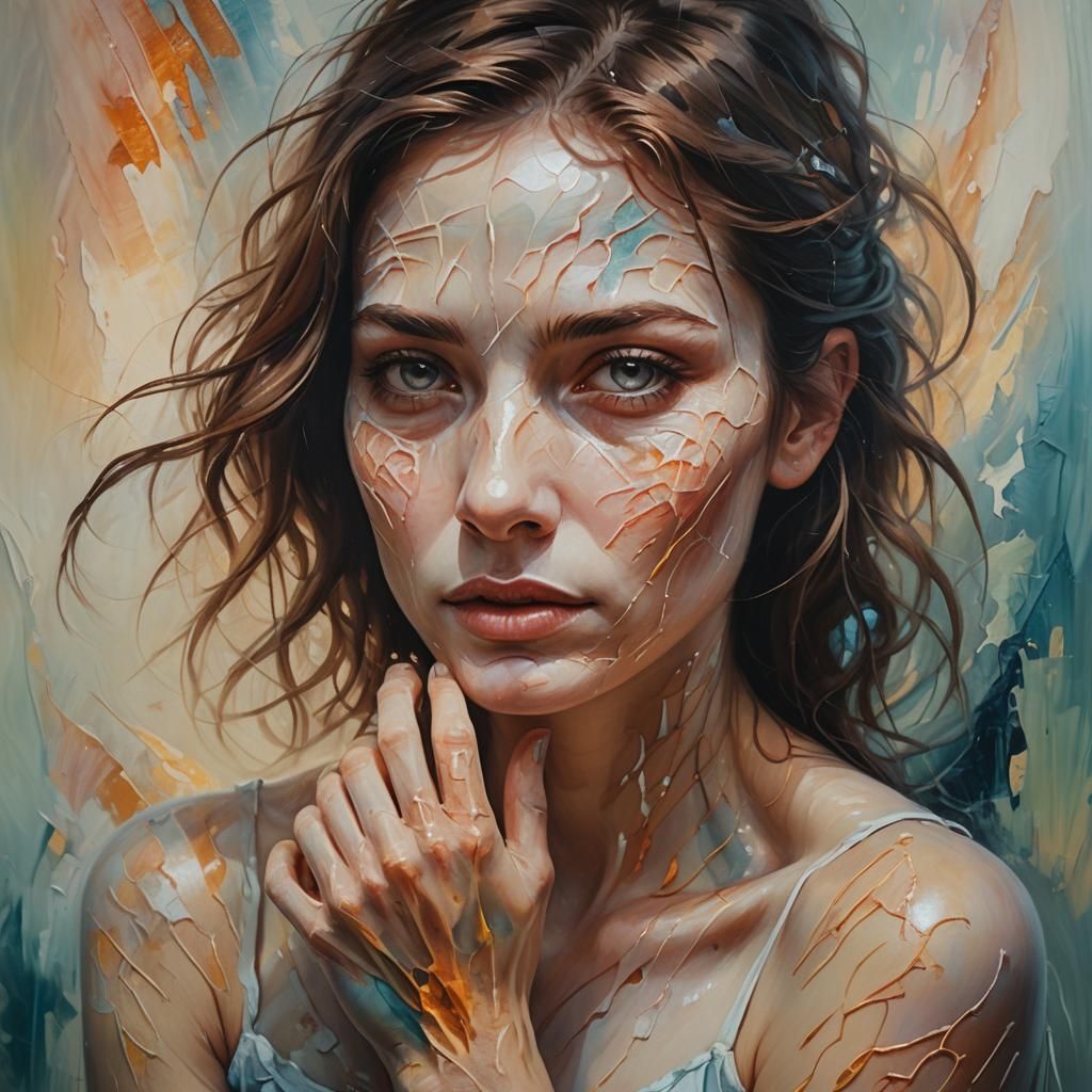 Mystical Woman with Glowing Scars: Surreal Oil Painting