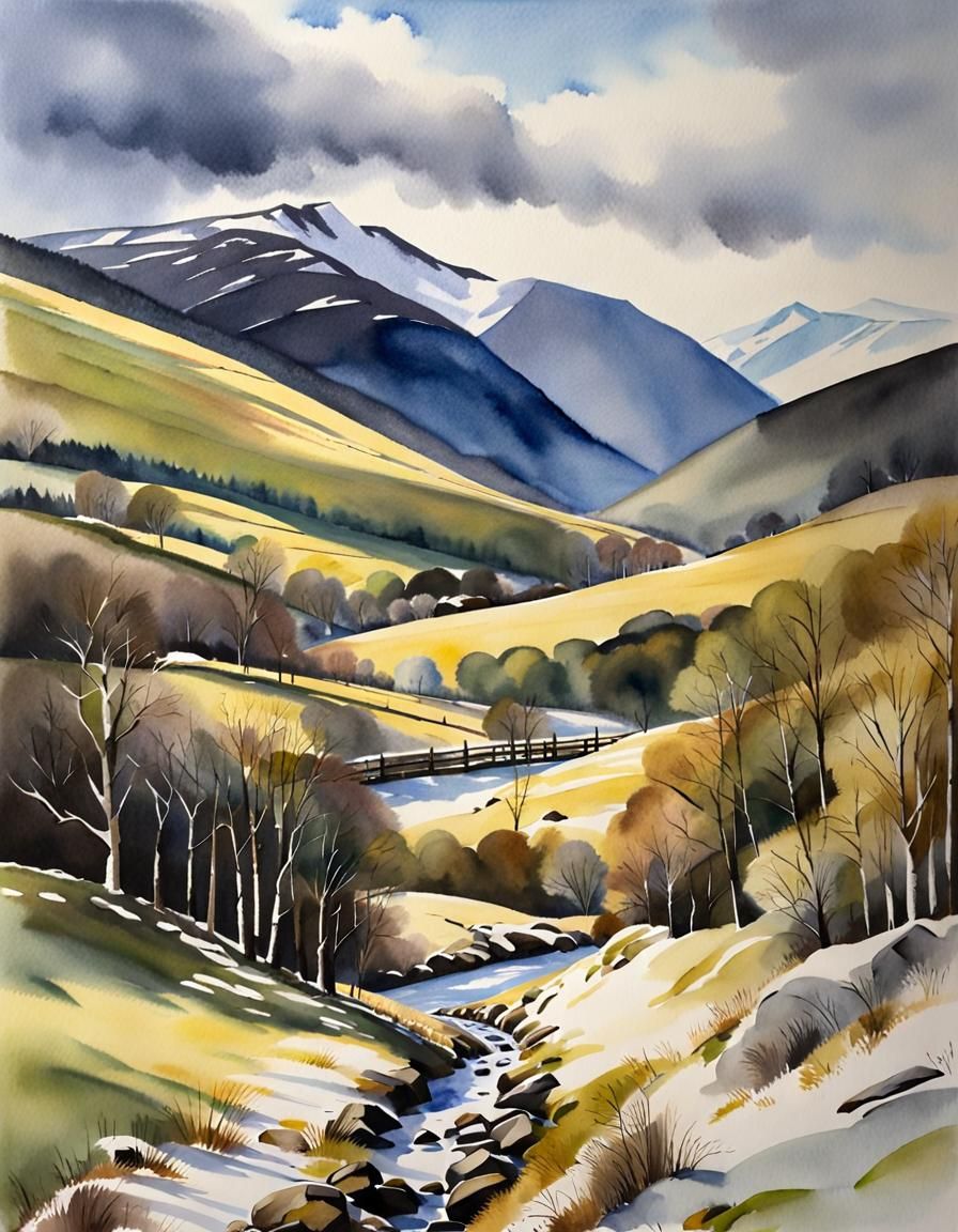 Cairngorms Mountain Range in Spring, Watercolour Painting