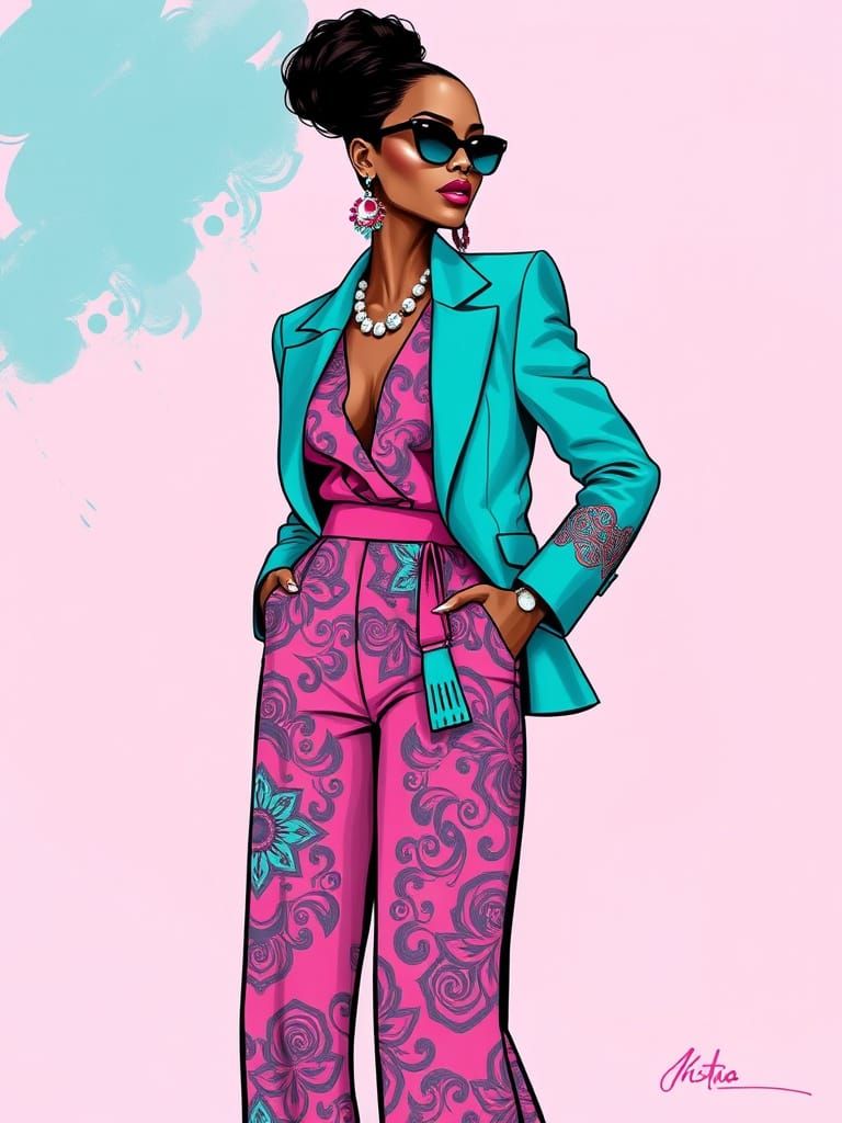 Glamorous Woman in Turquoise and Pink Ensemble, Contemporary...