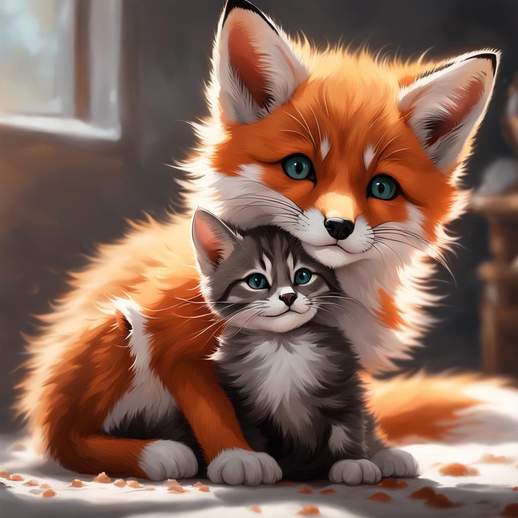 Adorable Fox Pup and Kitten Play Indoors