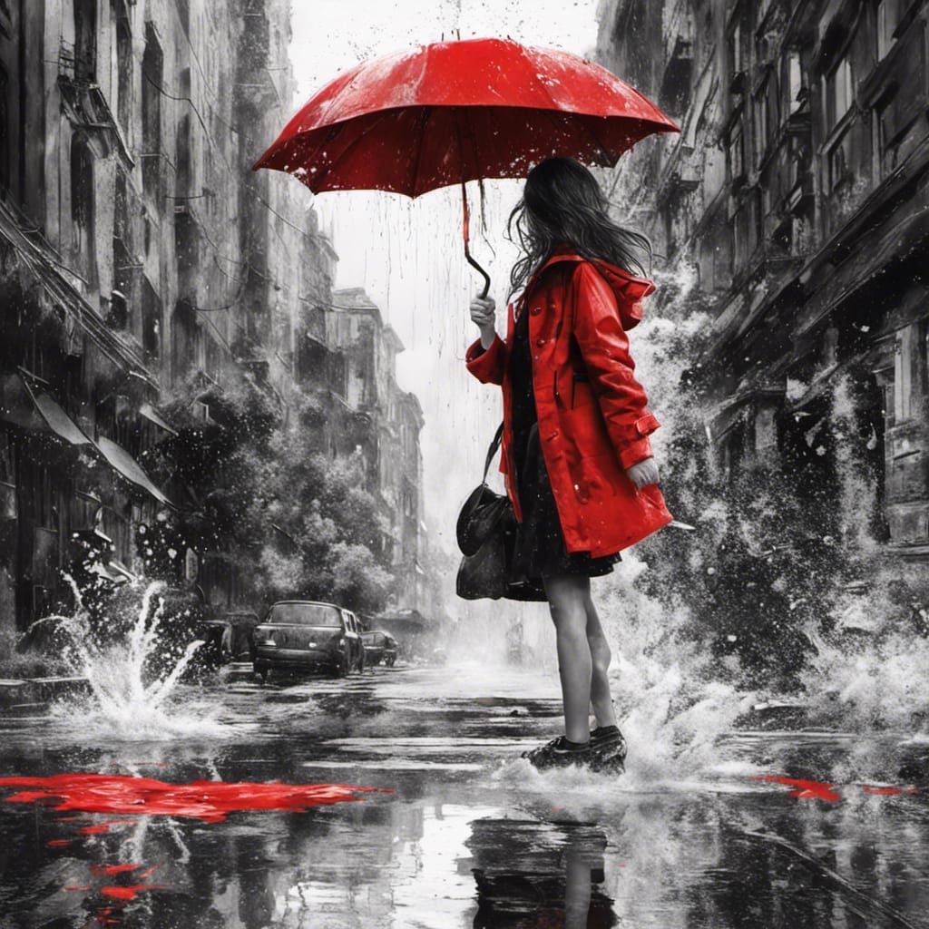 Girl Splashing in Red Puddle: Black and White