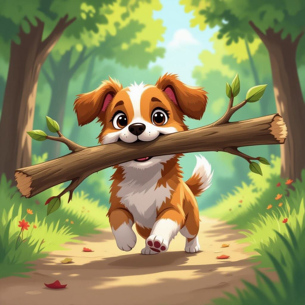 A very small dog carrying a very large branch in his mouth