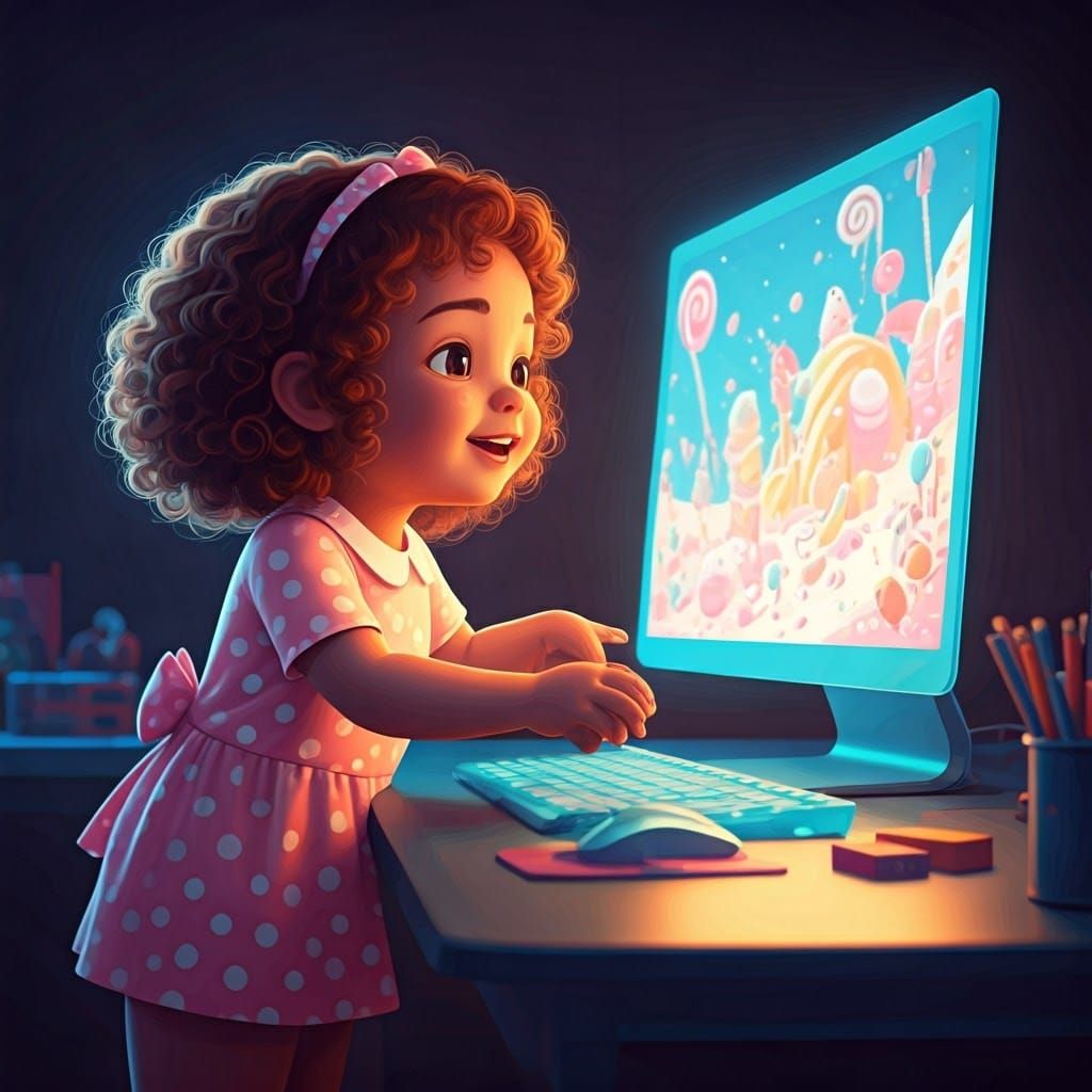 Girl Plays Near Glowing Computer in Candyland Landscape