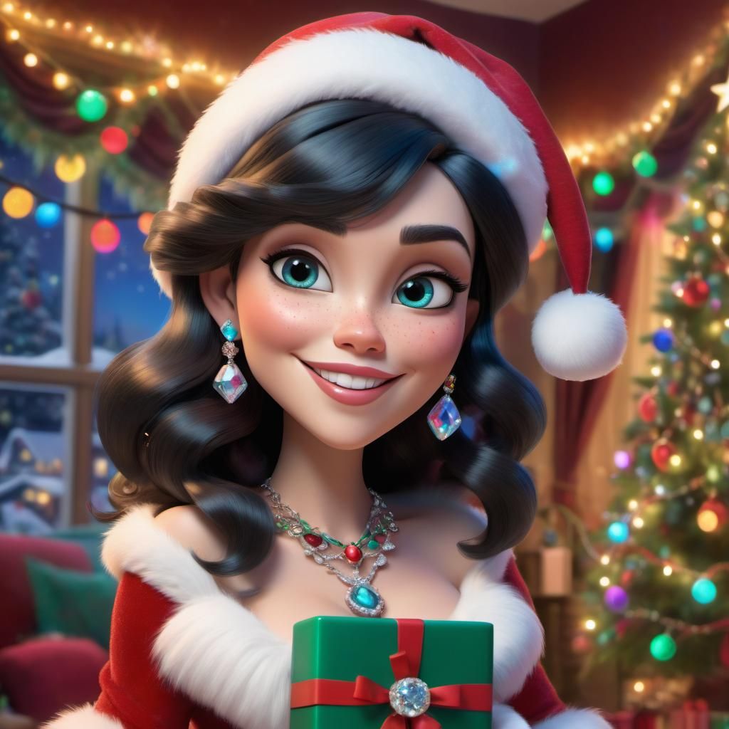 Disney Pixar style 3D character beautiful woman wearing a Santa dress and hat, with fur trim, with colorful Christmas li...