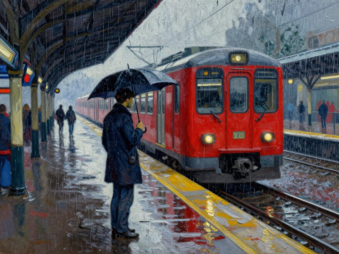 Man with Umbrella on Rainy Train Platform in Neo-Impressioni...