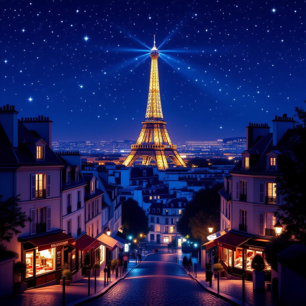 Parisian Nightscape: Eiffel Tower & Fairy Lights from Above