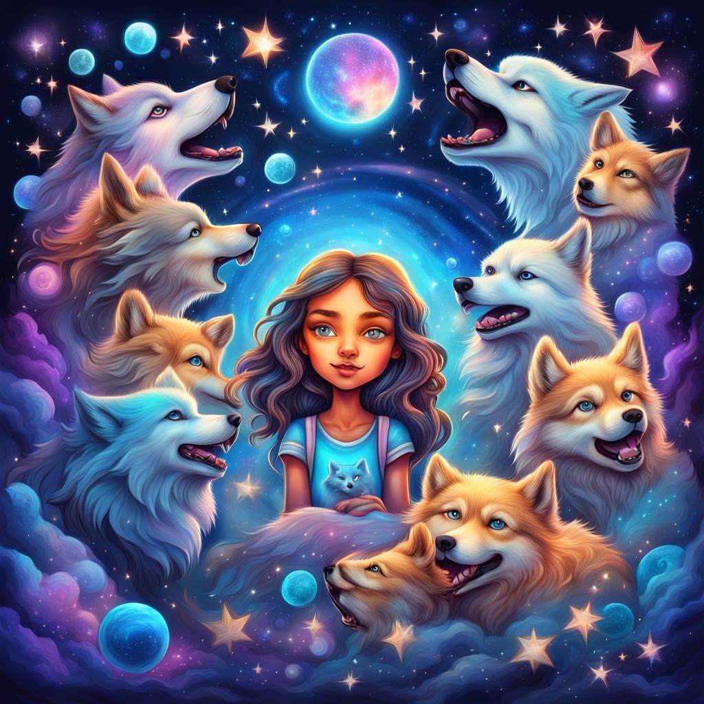 Chibi Woman Surrounded by Wolves in Airbrush Style