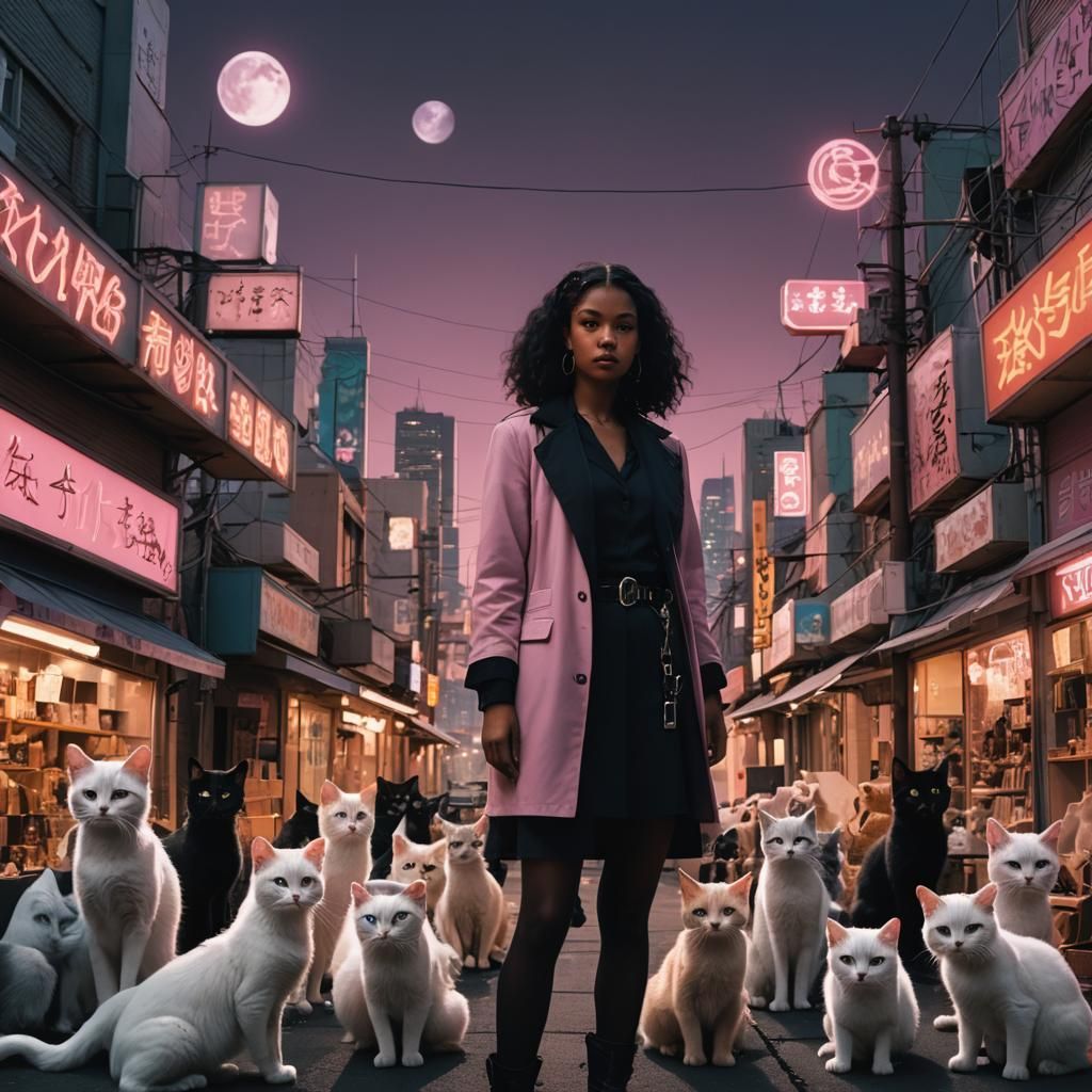 Surreal Tokyo Cityscape with Animoid Cats