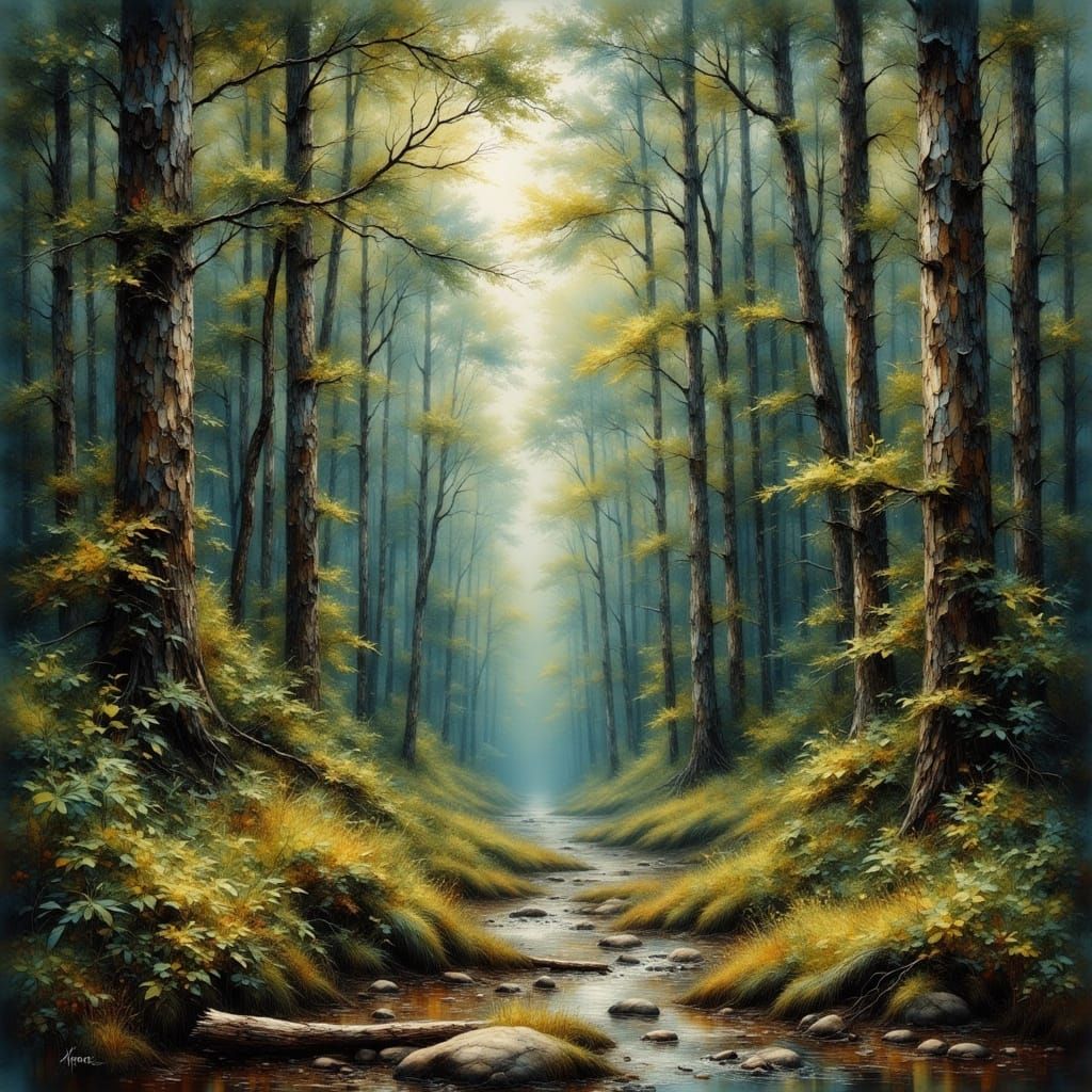 Restful Forest in Textured Oil and Watercolor Style