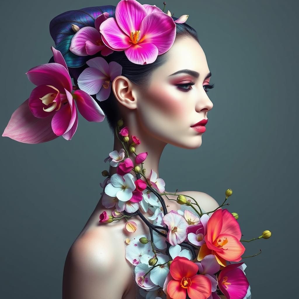 Hyperrealistic Woman with Floral Adornments