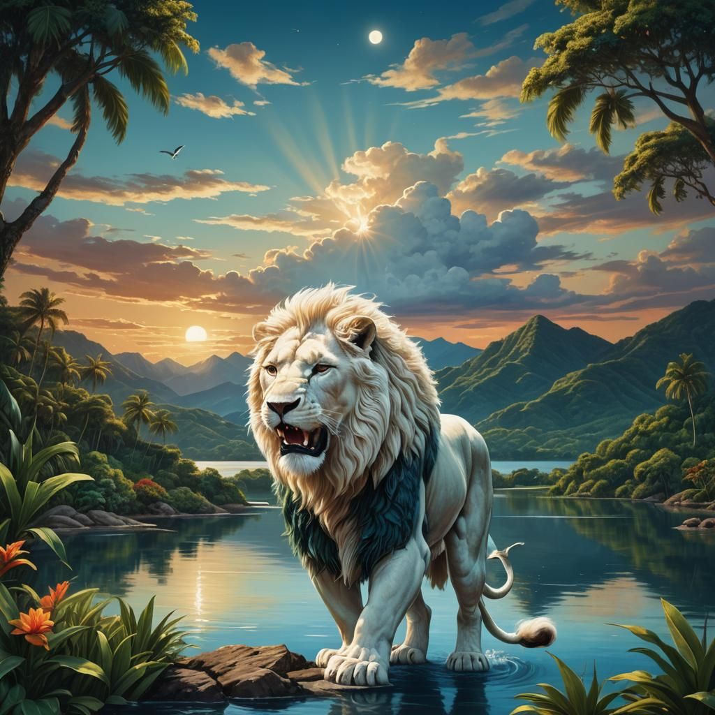 Lion Merges with Tropical Landscape: Digital Matte Painting