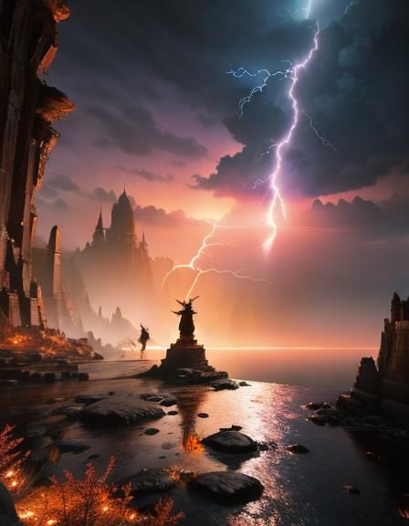 Epic Dark Fantasy Warriors in Stormy Landscape