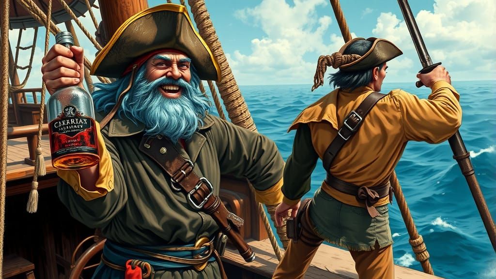 Bluebeard Pirate Laughing on a Weathered Ship