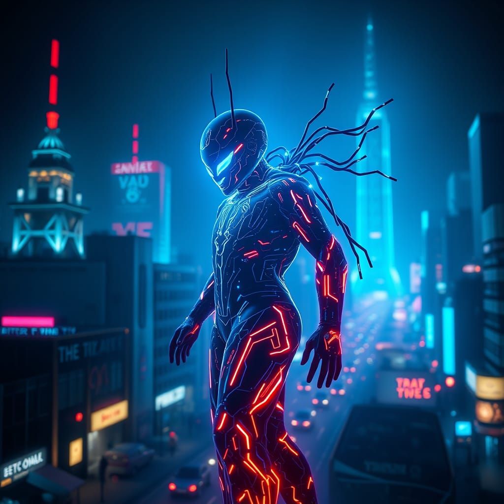 Cybernetic Warrior in Neon Cityscape: Cyberpunk Art