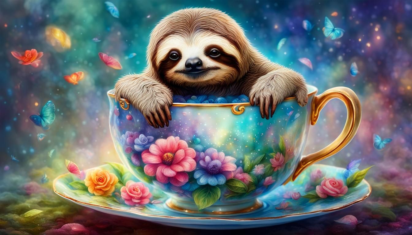 Sloth in Teacup: Ethereal Fantasy Hyperdetailed Art