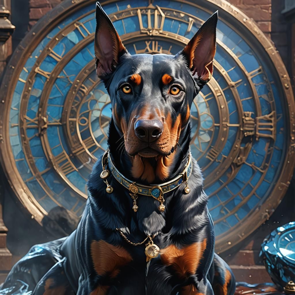 Blue Doberman with Clock Eyes: Fantasy Concept Art