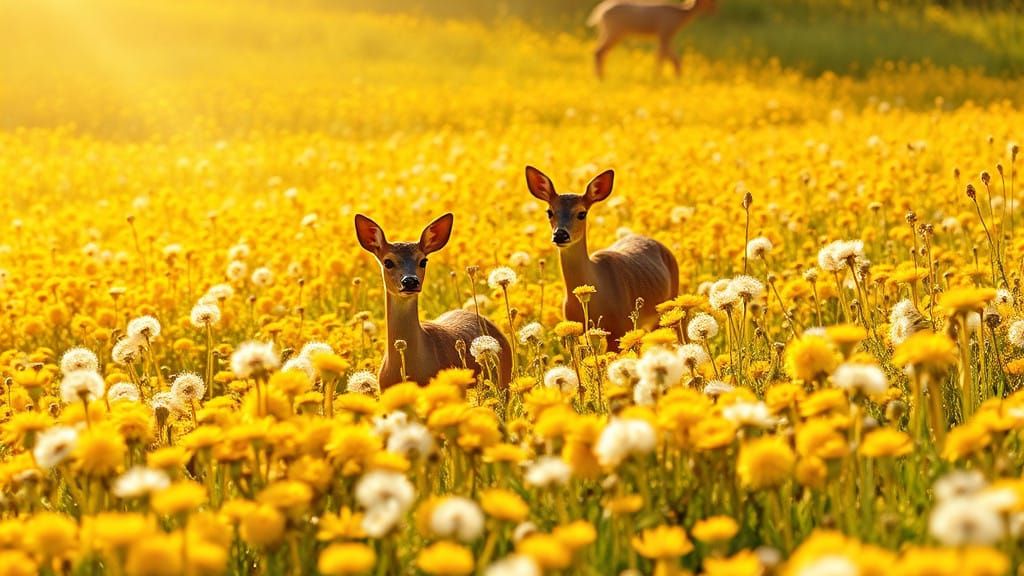 Vibrant Dandelion Meadow Scene in Whimsical Style