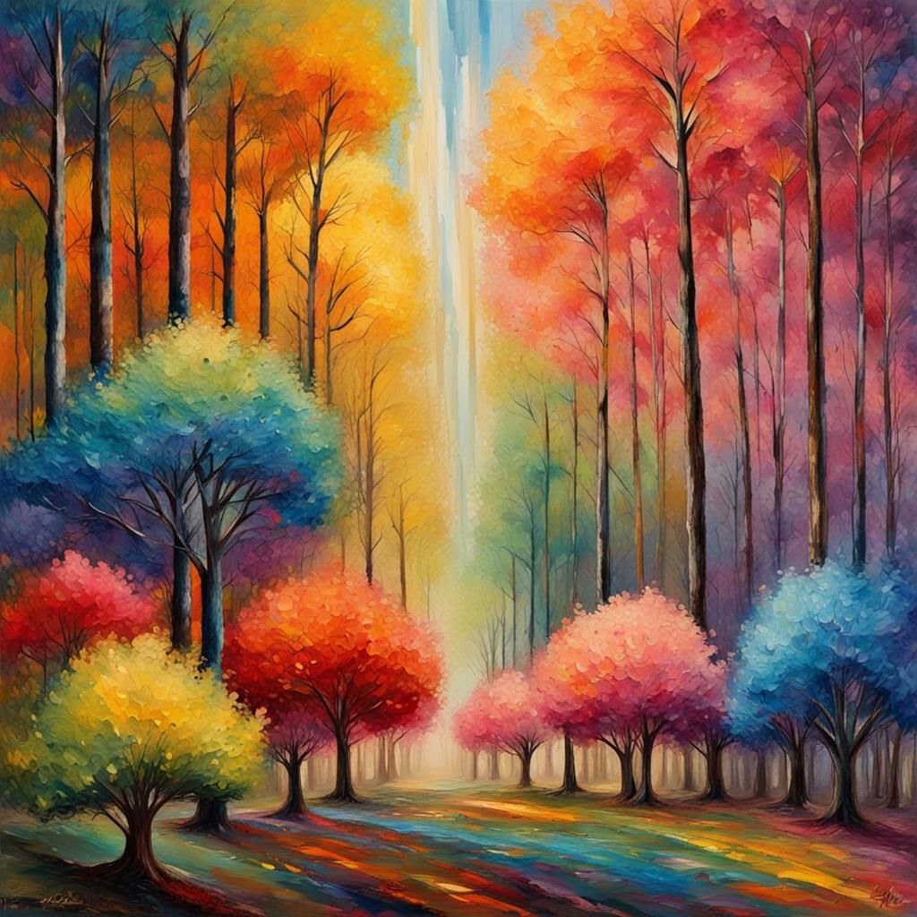 Rainbow Forest in Expressionist Oil Painting Style