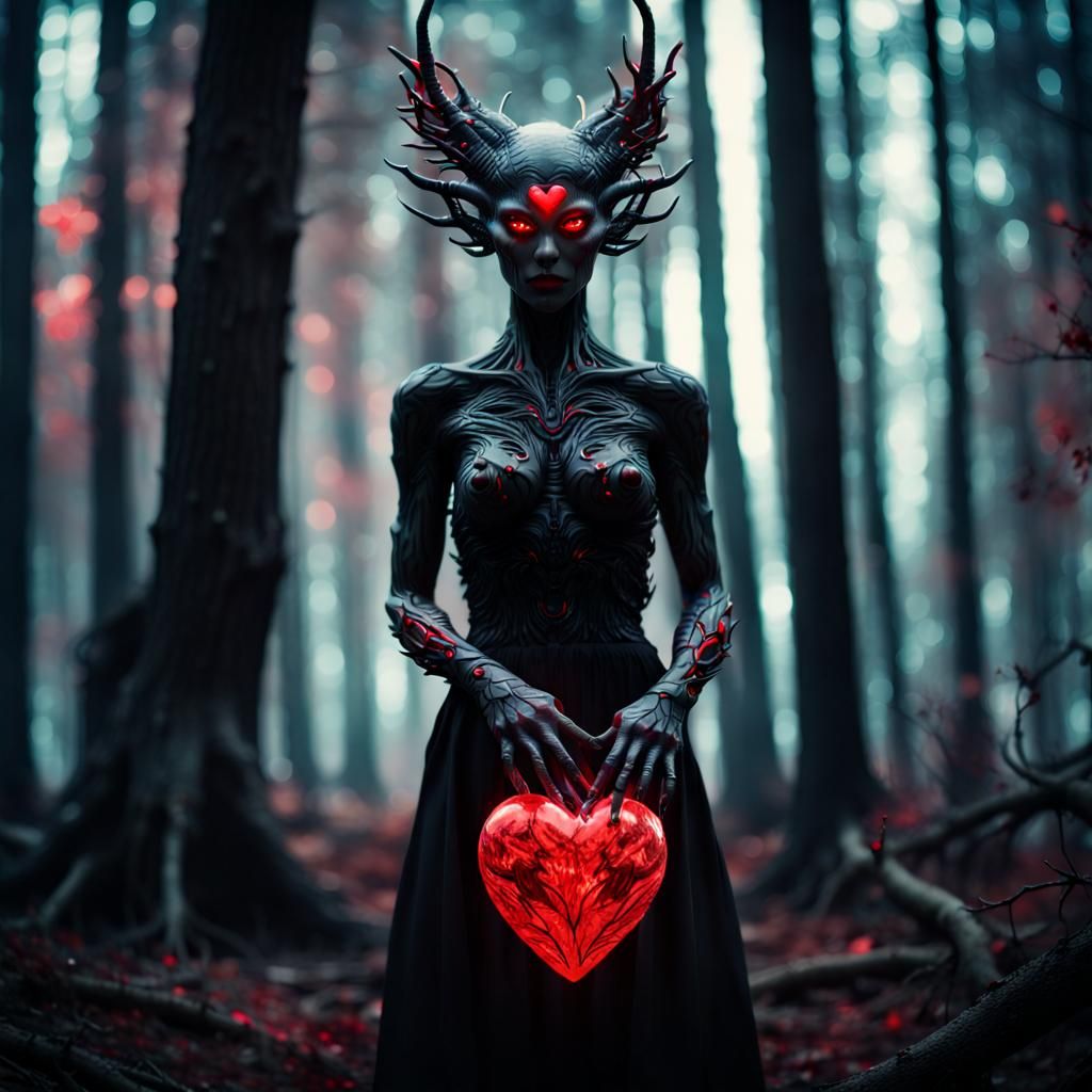 Demon Alien Woman with Crystal Heart in Synthwave Style