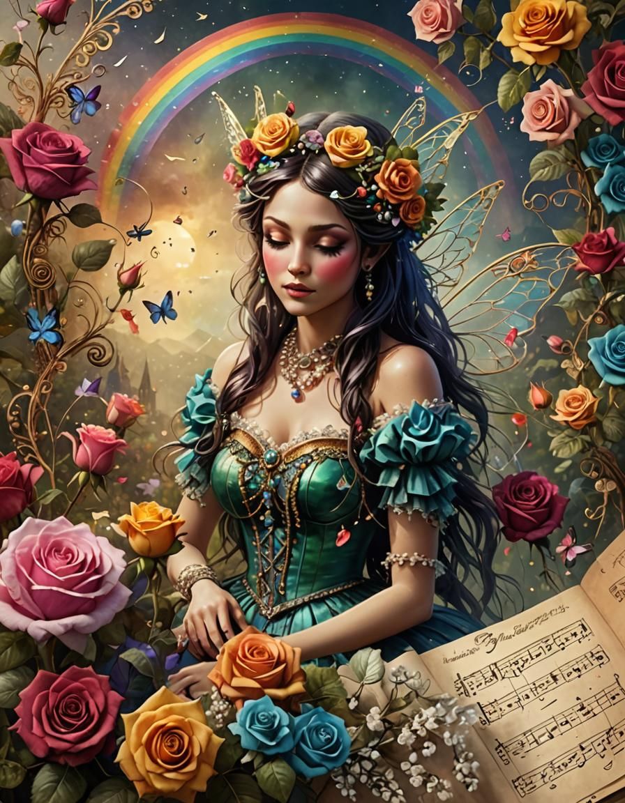 Vintage Fairy with Rainbow Roses and Pearls