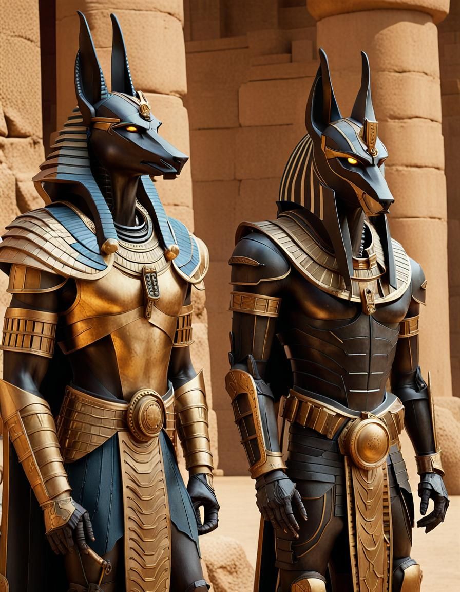 Egyptian Cyborg Anubis Statues in Cyberpunk Style
