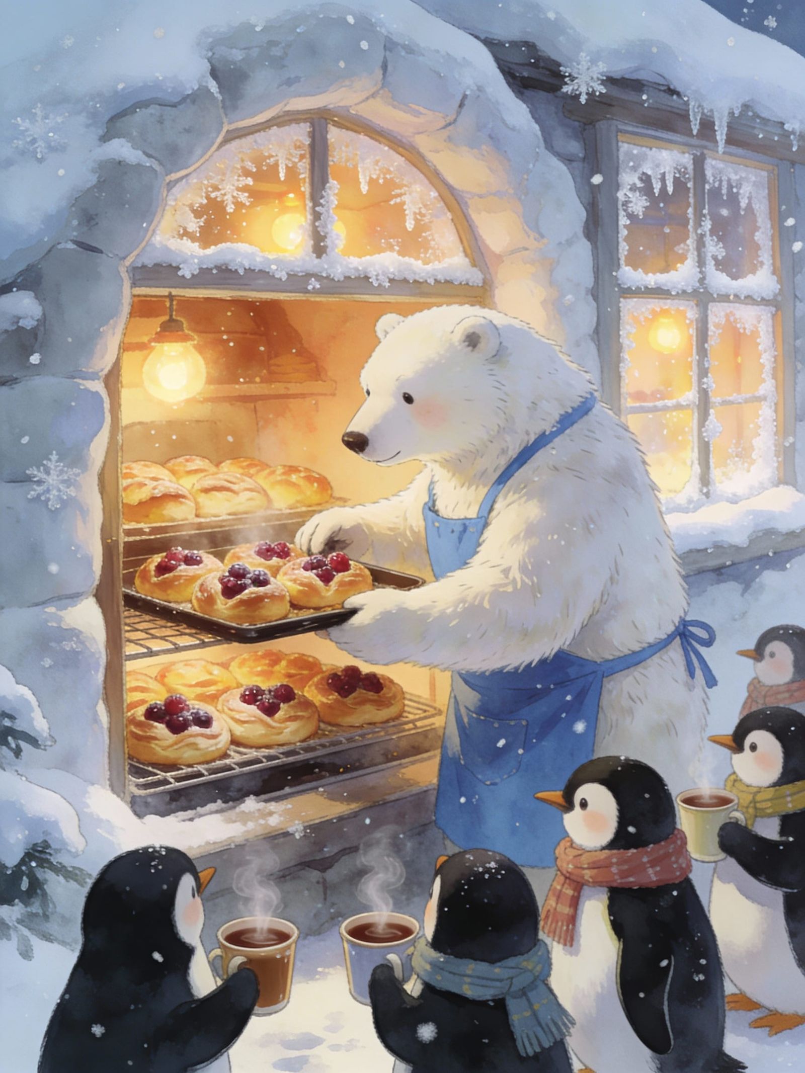 Polar Bear Baker in Cozy Snow Cave, Penguin Cocoa Service