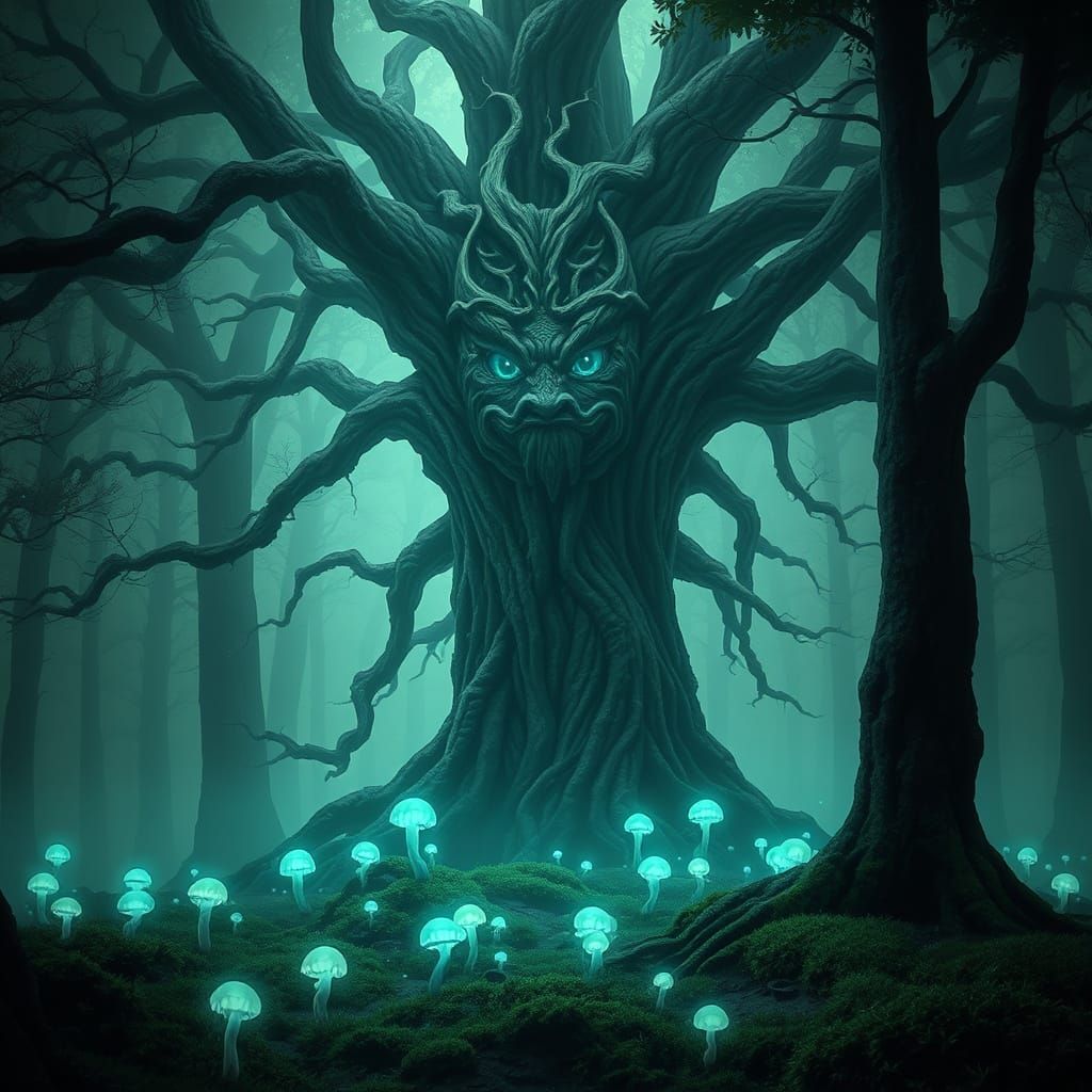 Ancient Tree with Mask-Like Roots in Misty Forest