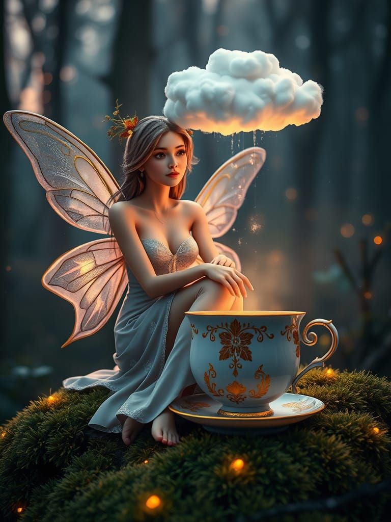 Fairy Woman Sits Amidst Whimsical Twilight Forest Scene with...