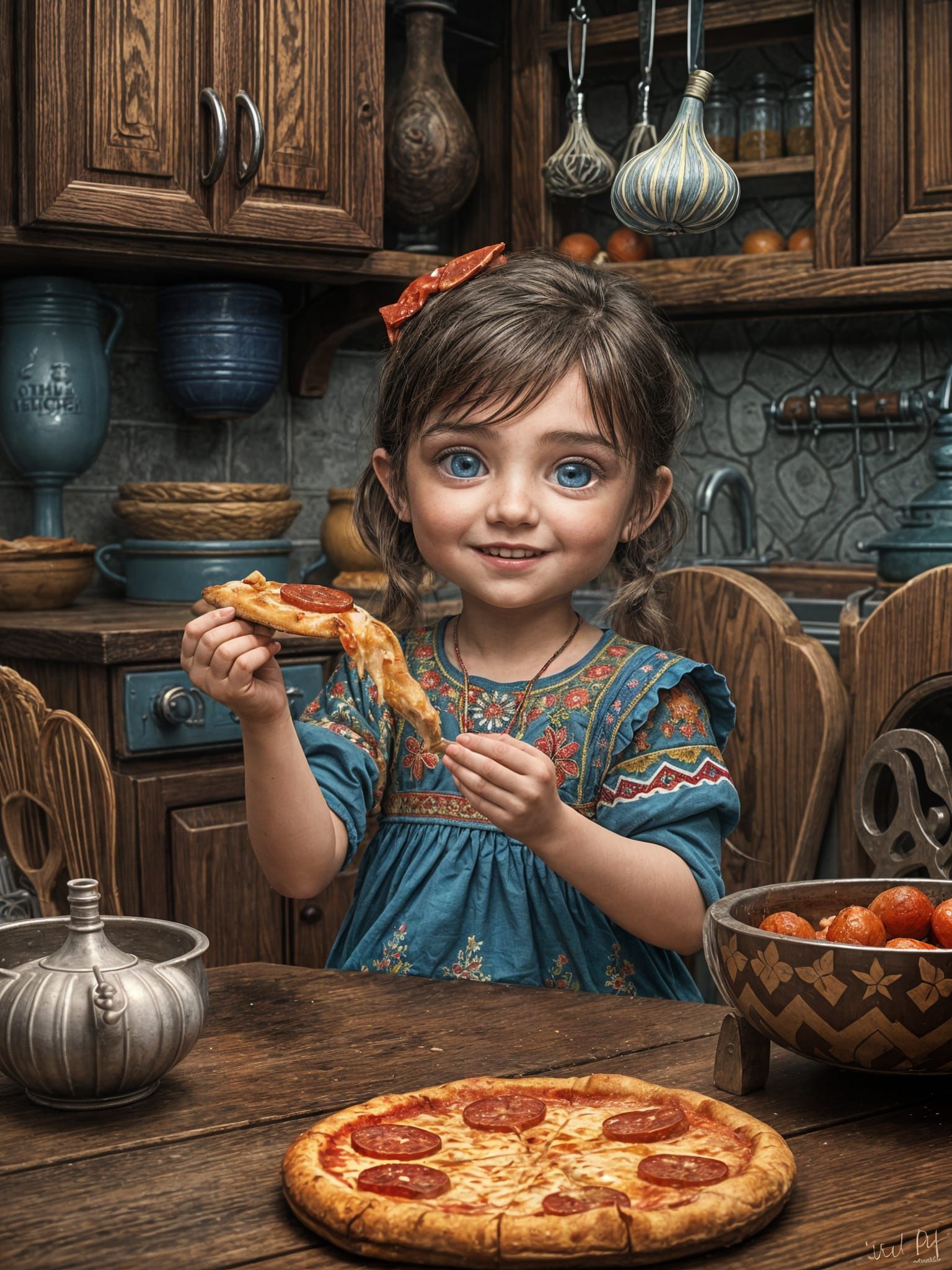 Girl Eats Pizza in Cozy Kitchen: Digital Art