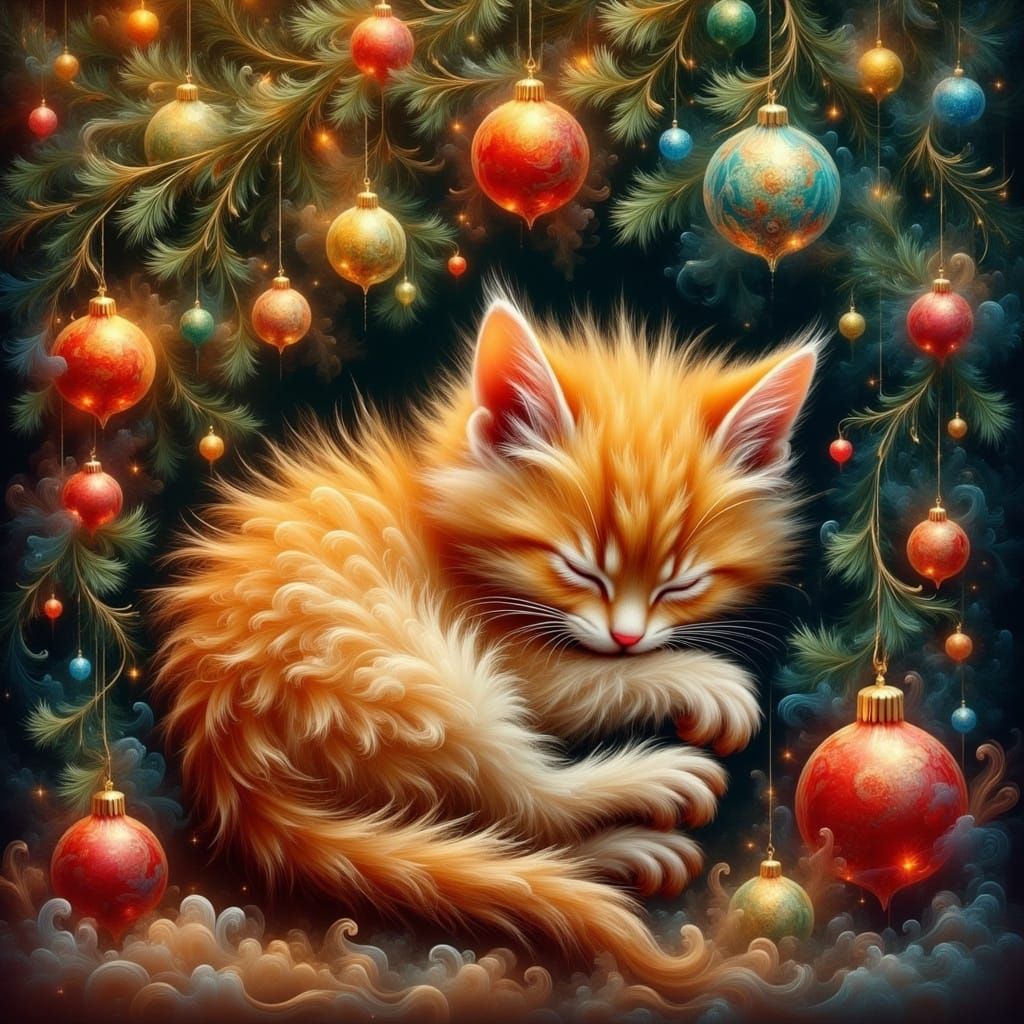 Sleepy Kitten Under Vibrant Christmas Tree