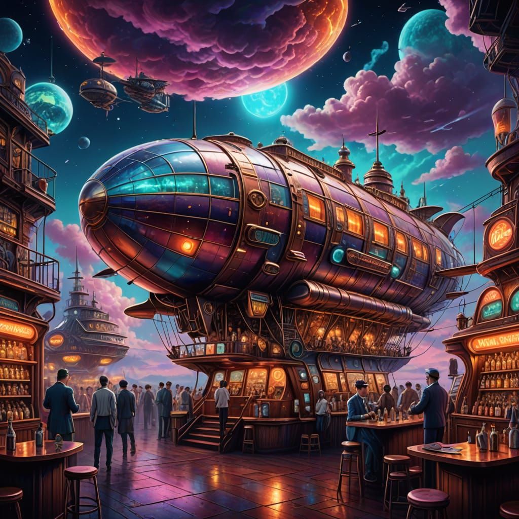 Retro Futuristic Airship Bar in the Clouds