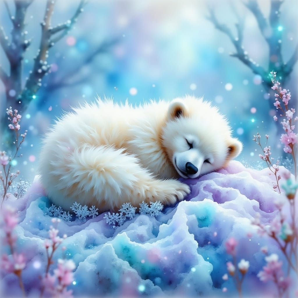 Sleeping Polar Bear Cub on Snowflake