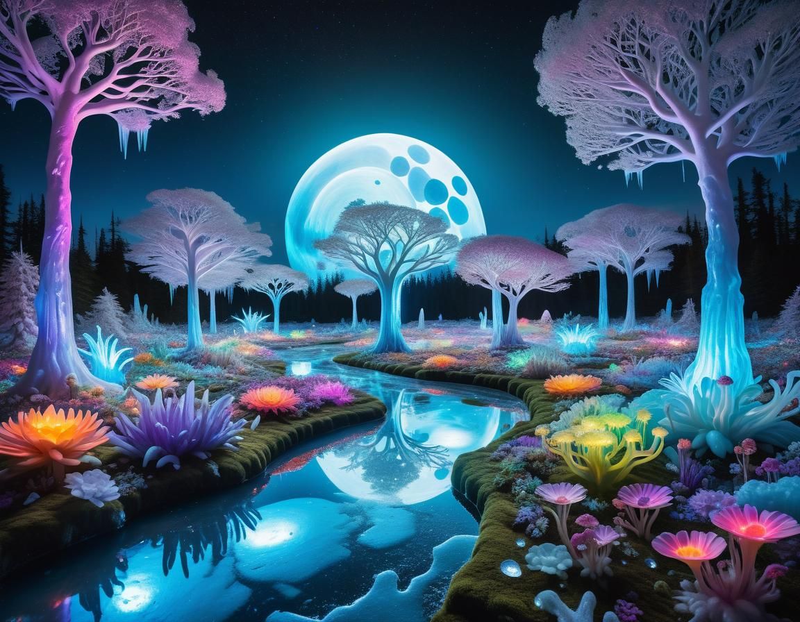 Bioluminescent Ice Garden with Pastel Rainbow