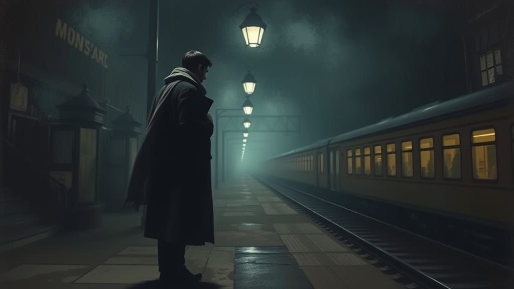 Lonely Figure in a Rainy Night Train Station