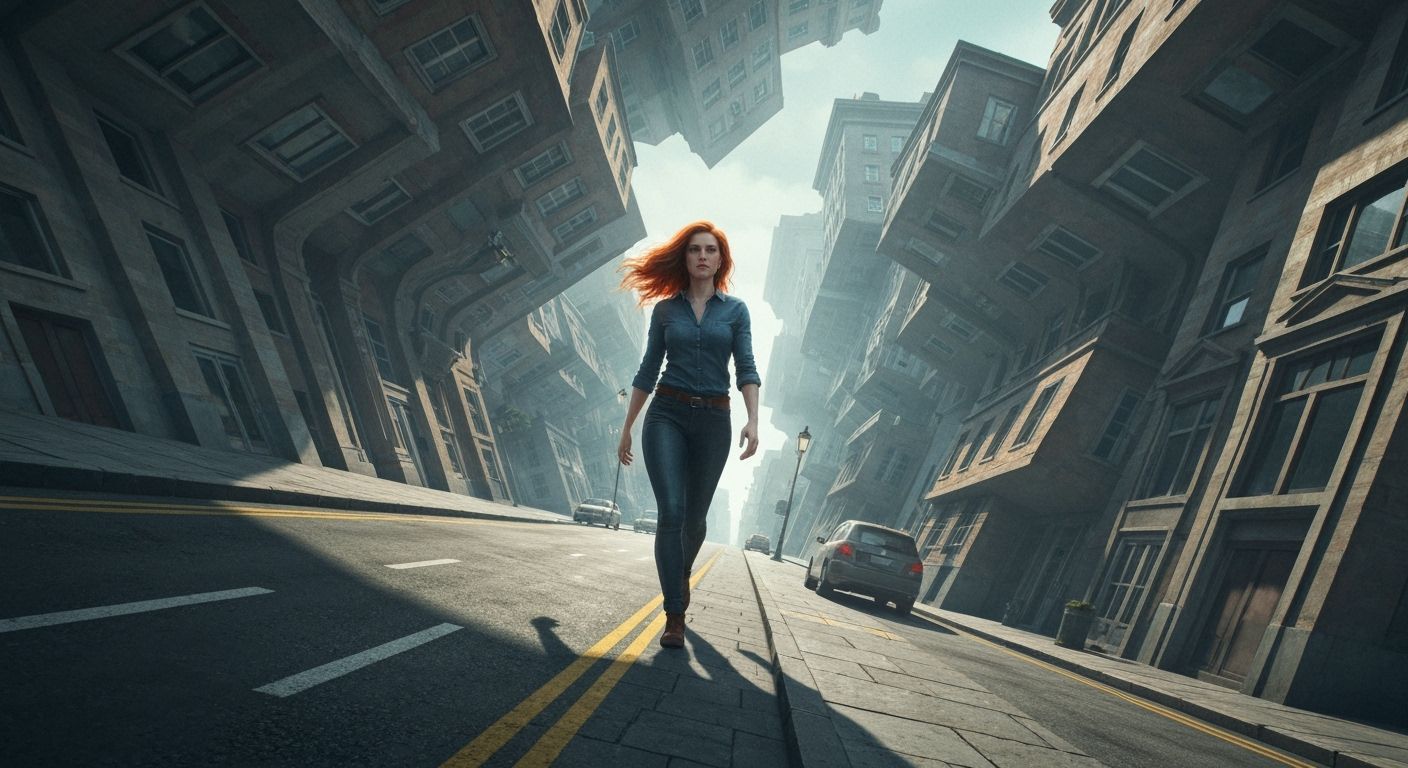 Surreal Dreamscape: Woman Walks Through Escher-Inspired City