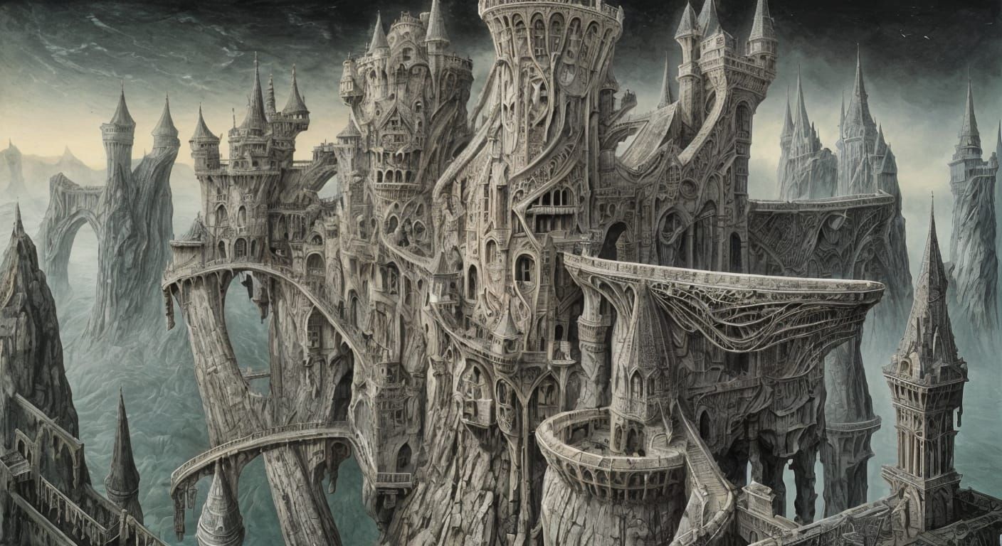 Surreal Castle Landscape in a Dark, Intricate Style